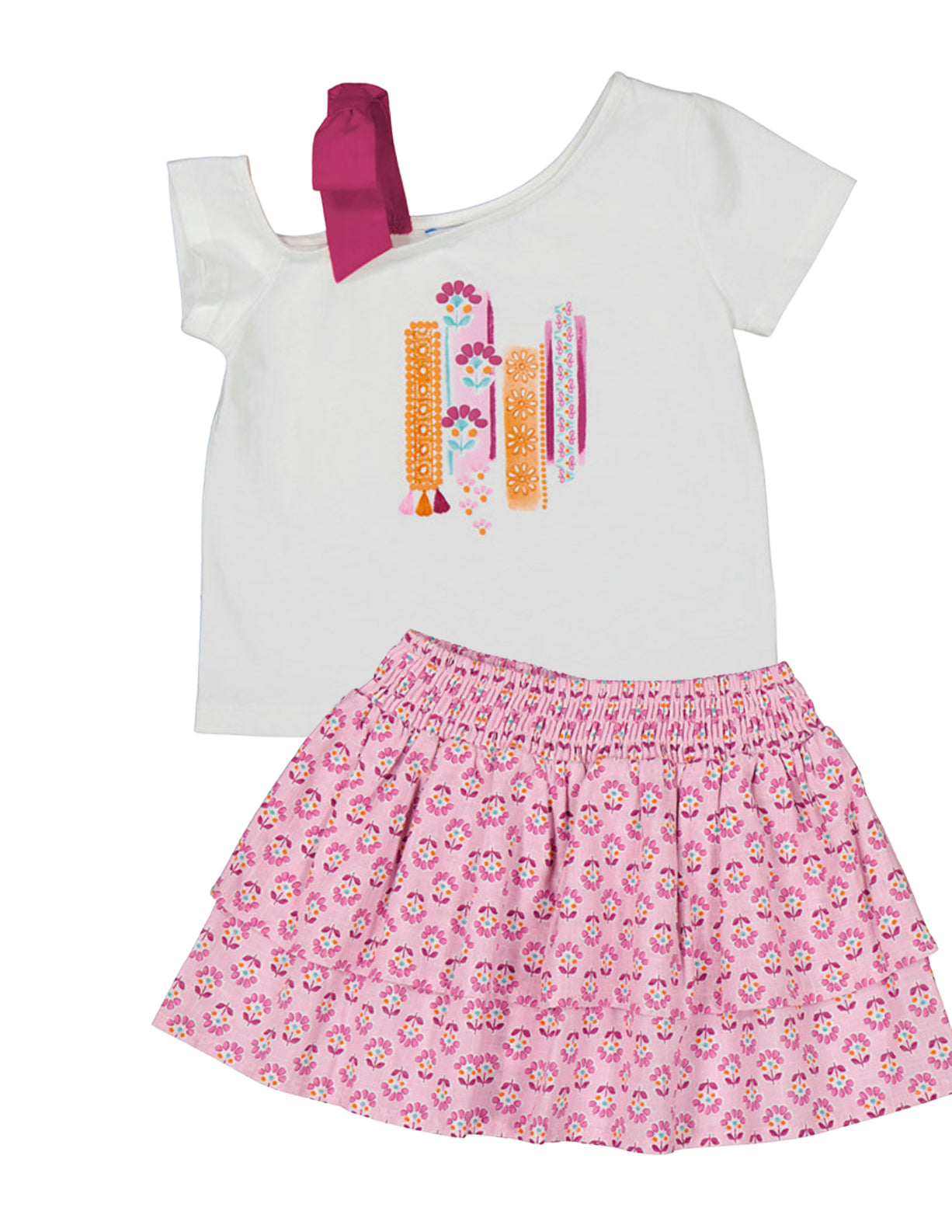 Set Camiseta asimetrica 3011 bco orquid + falda 3904 malva