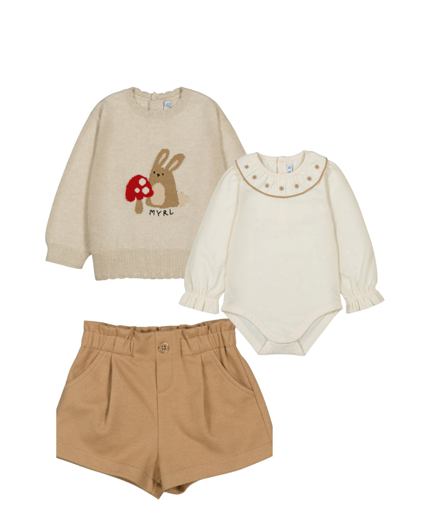 Conj. Sueter 2354 cereal,Body 2734 macchiato, bermuda 2261 camel