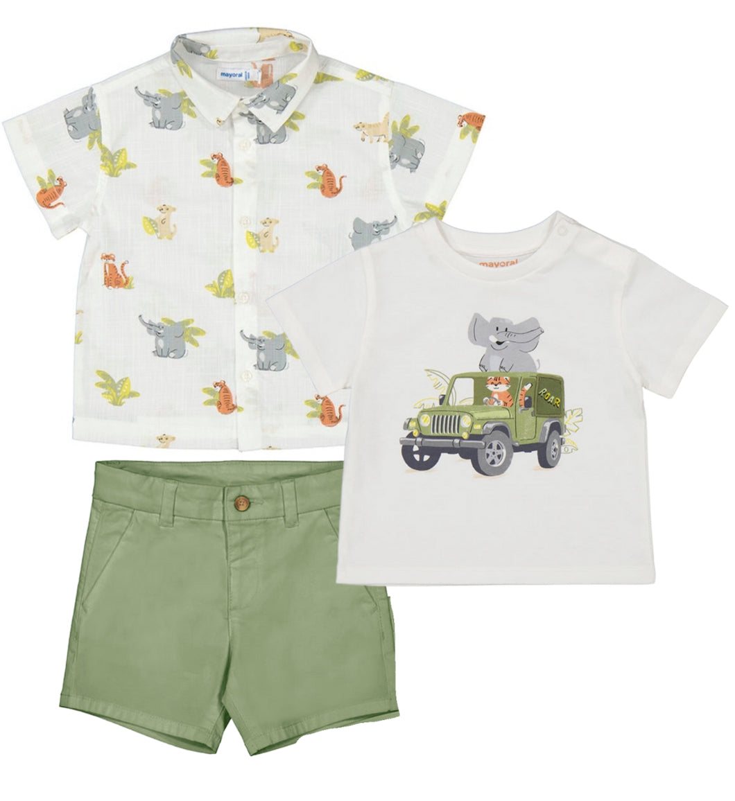 Set 3 piezas Camisa estampada 1112 animalitos, camiseta 1053 y bermuda 207 salvia