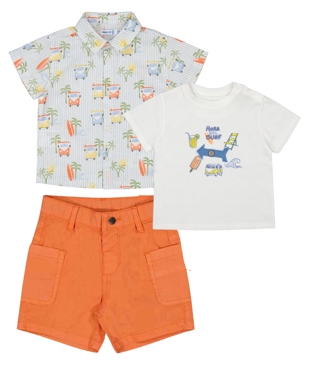 Set 3 piezas Camisa estampada 1112 tablas, camiseta 1064 y bermuda 1245 coral